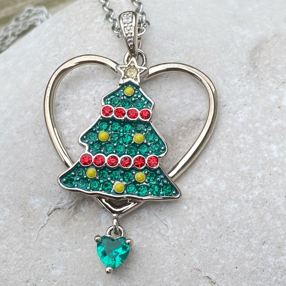 Christmas Tree crystal adorned heart necklace December stainless steel chain - Picture 3 of 8